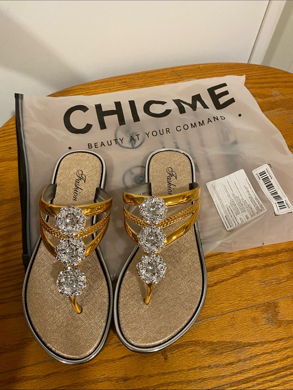 chic Gold Jeweled Strappy Thong Sandals